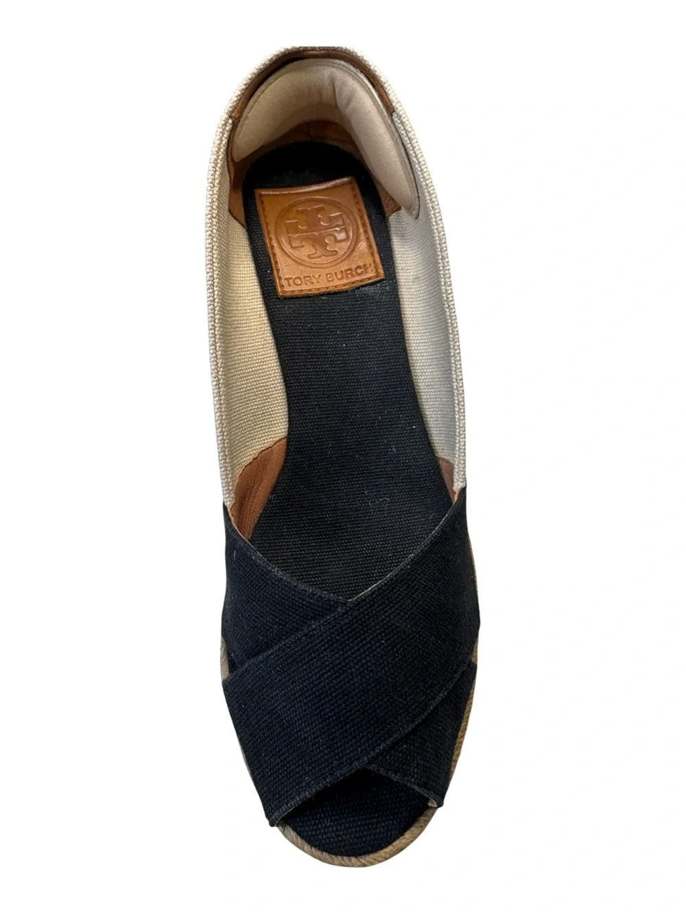 Tory Burch Black Cream Canvas Embroidered Logo Peep Toe Espadrille Wedge Shoes 7